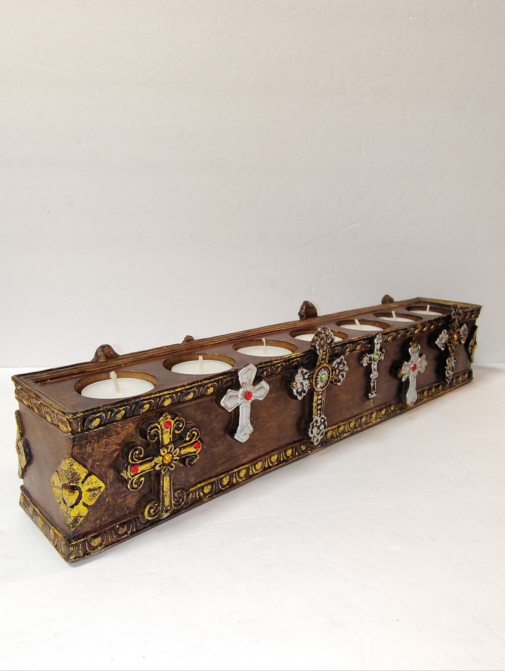 7 Cavity TeaLight Faux Wood Crosses Candle Holder Religious Centerpiece 17"×3"